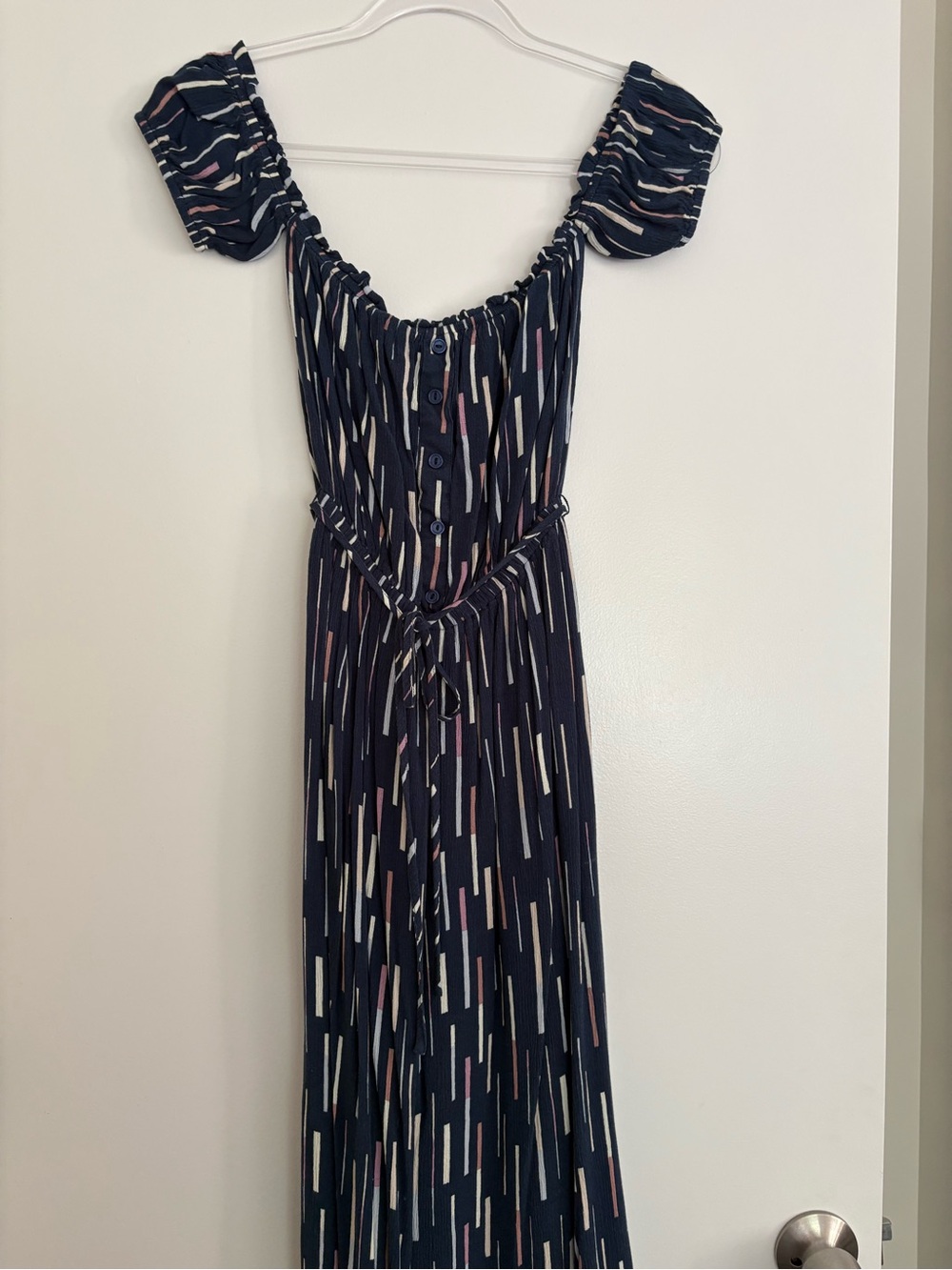 Lulu's Navy Striped Off-Shoulder Maxi Dress with Puff Sleeves